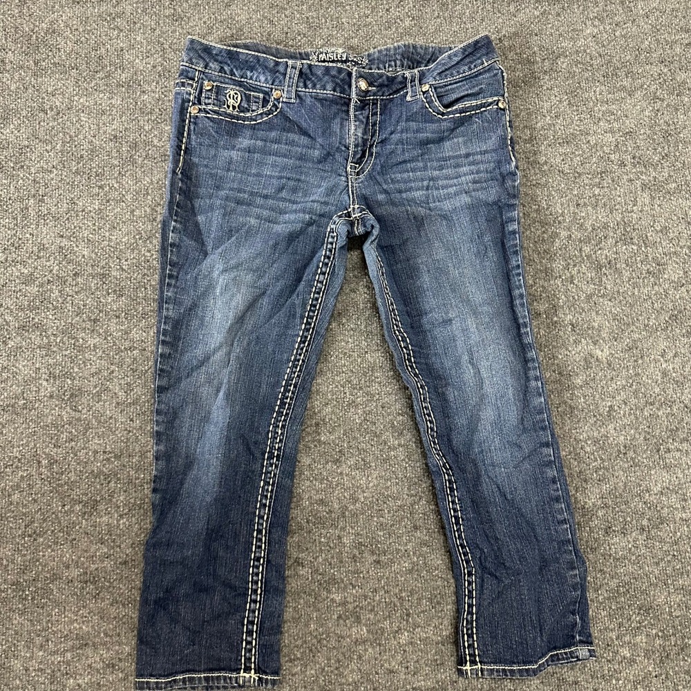 Paisley Sky Jeans Womens Size 12 Blue Thick Stitch Rhinestone Slim Fit Denim